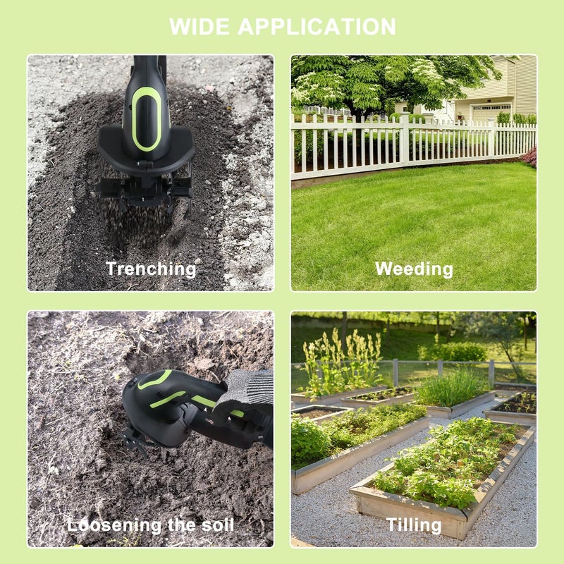 Quini 24V Cordless Tiller Cultivator, 4-Inch Tilling Width and Depth, Handheld with Extension Rod, 235 RPM Electric Garden Tiller, Lightweight 1.2kg Body, 2 × 1.5Ah Batteries & Charger (24V-Green) - Image 3